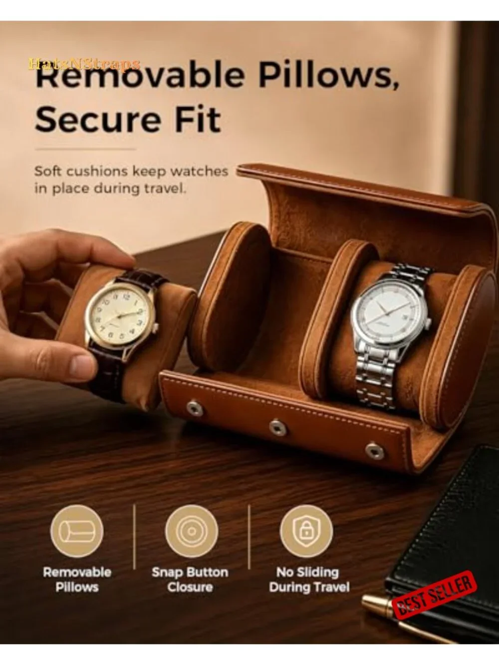 Watch Travel Case 2-Slot Roll with Removable Pillows & Soft Lining